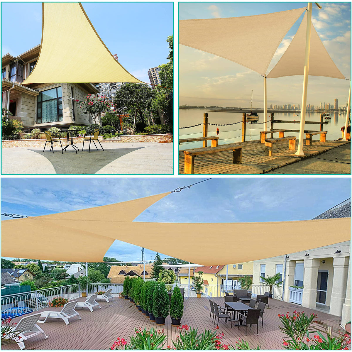 Triangular Sun Shade Sail Net Set Beige 3m HEARTDECO