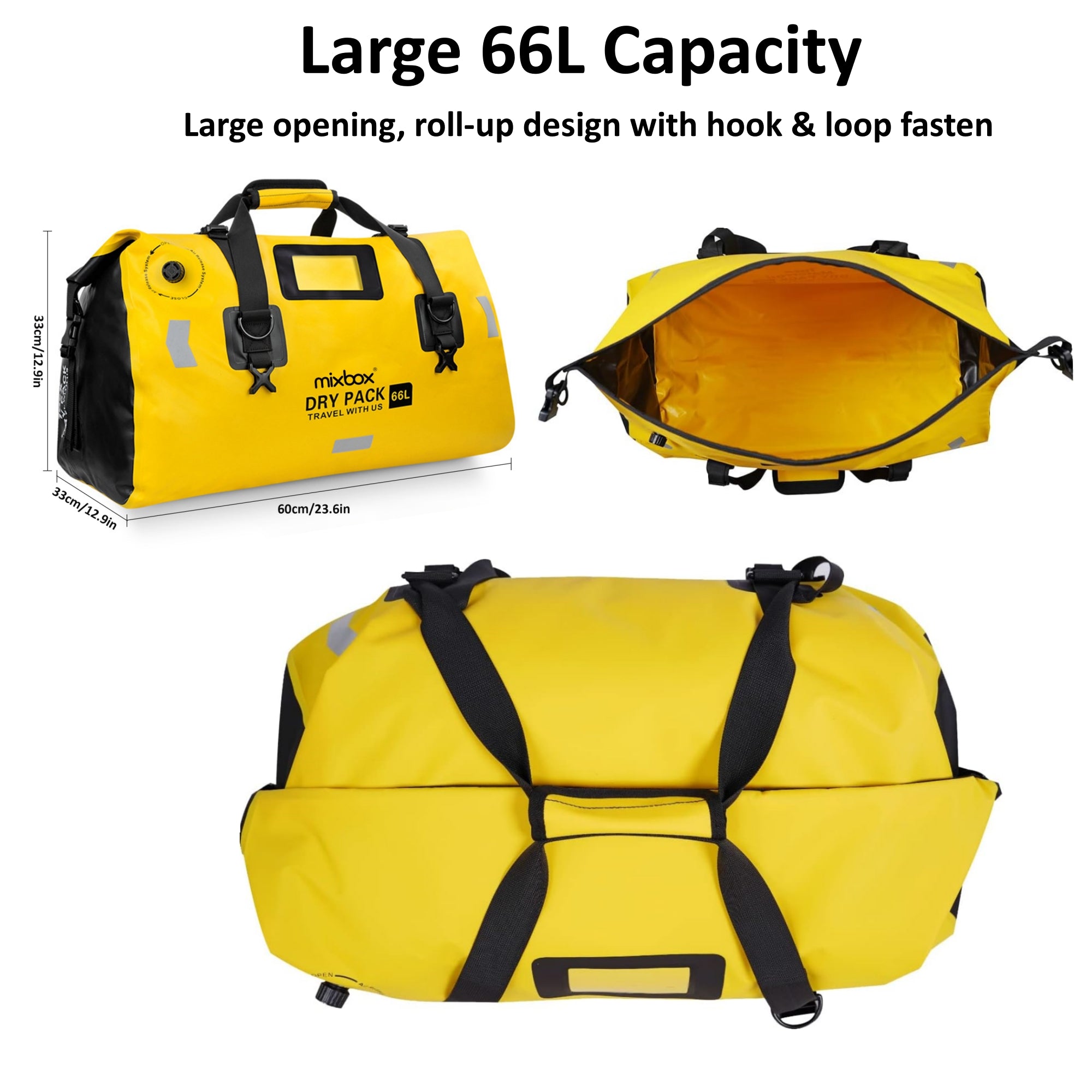 66L Waterproof PVC Motorcycle Tail Duffle Dry Bag Yellow HEARTDECO