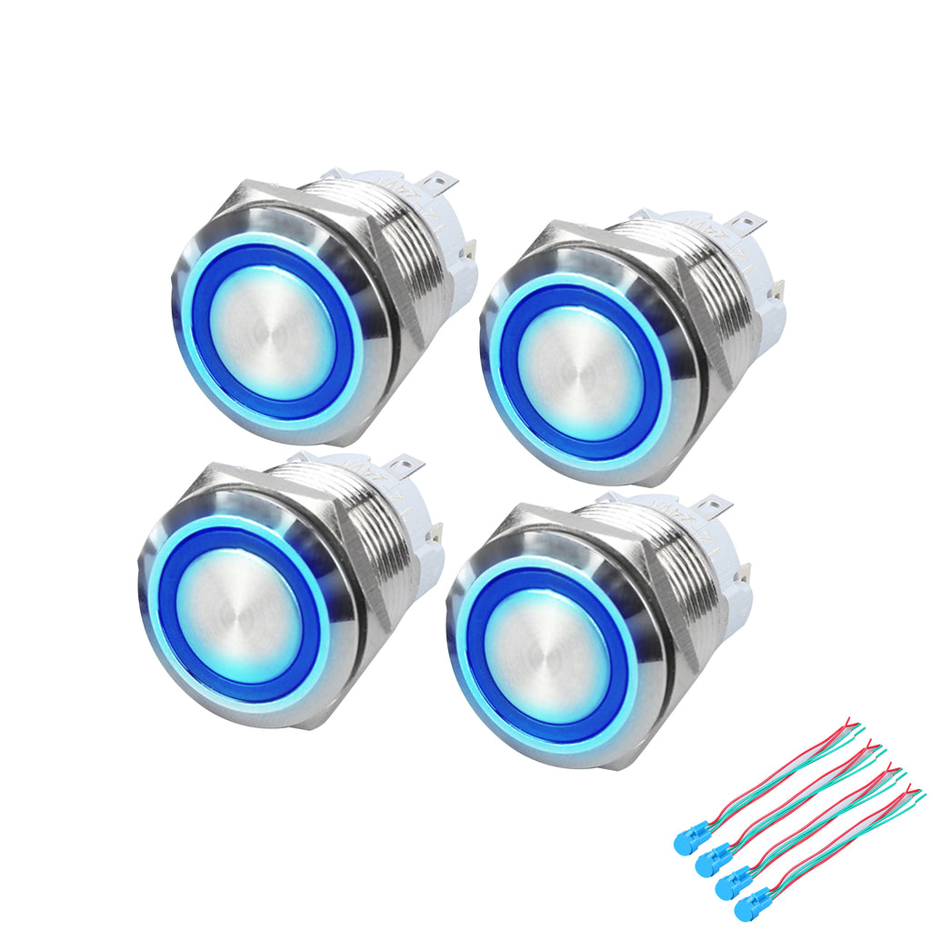 4PCs 19mm 24V Stainless Steel Latching Push Button Switch with Blue LED