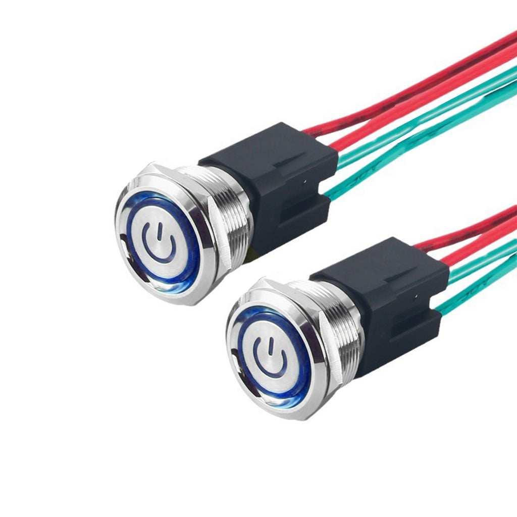 2 PCs 22mm Stainless Steel Self-Locking  Push Button Switch With Blue LED