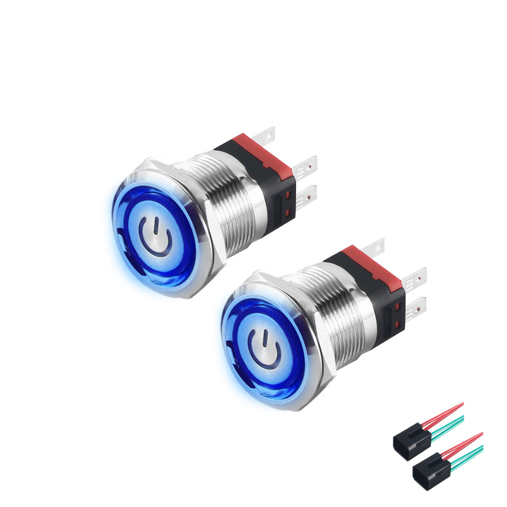 2PCs 22mm 220V Stainless Steel SelfLocking Push Button Switch With Blue LED