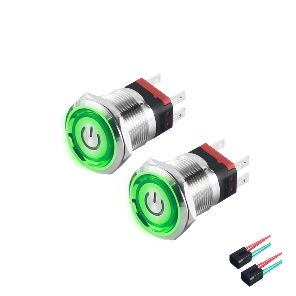 2PCs 22mm 220V Stainless Steel SelfLocking Push Button Switch Green LED