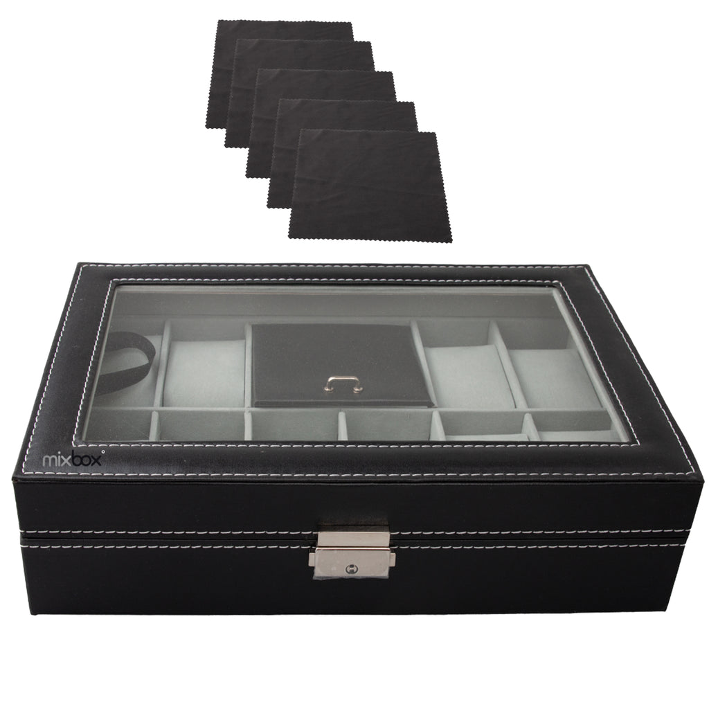 Mix Box 8 Slots PU Leather Watch Display Box With Key and 5 Pcs Clean Cloth