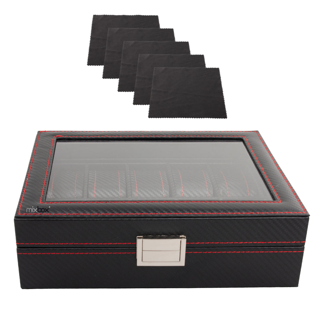 Mix Box 10 Slot Carbon Fiber PU Watch Display Storage Box with 5 Cloth