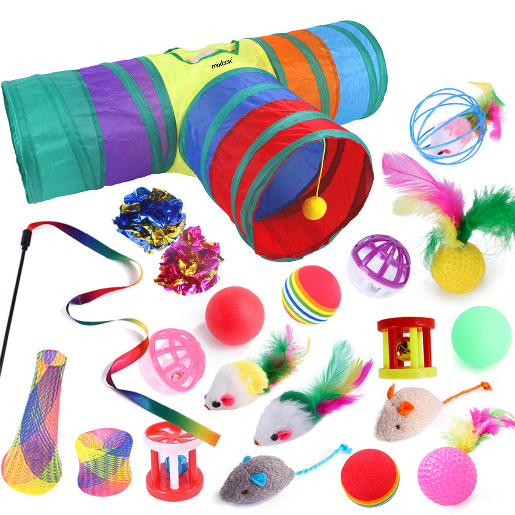 21Pcs Cat Toy Set With Rainbow Tunnel,Feather Toy &  Balls Bell