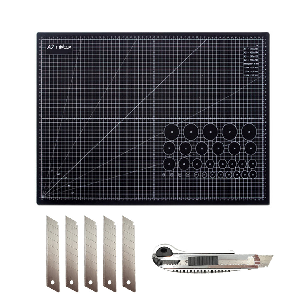 Double sided A2 Cutting Mat & Utility Knife Set，Grey&Black