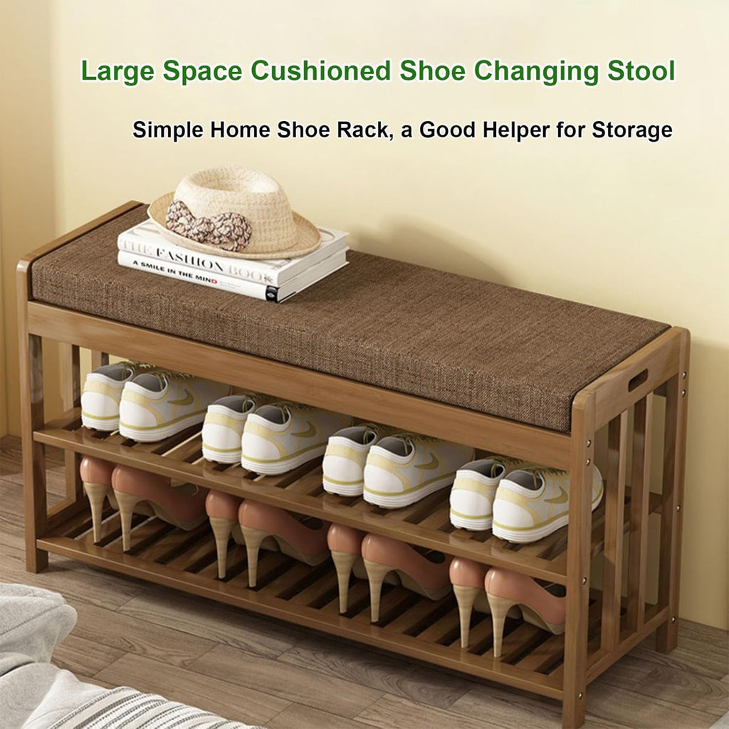 80cm Shoe Rack Bench 3-Tier Bamboo Shoe Rack Shelf with Cushion – HEARTDECO