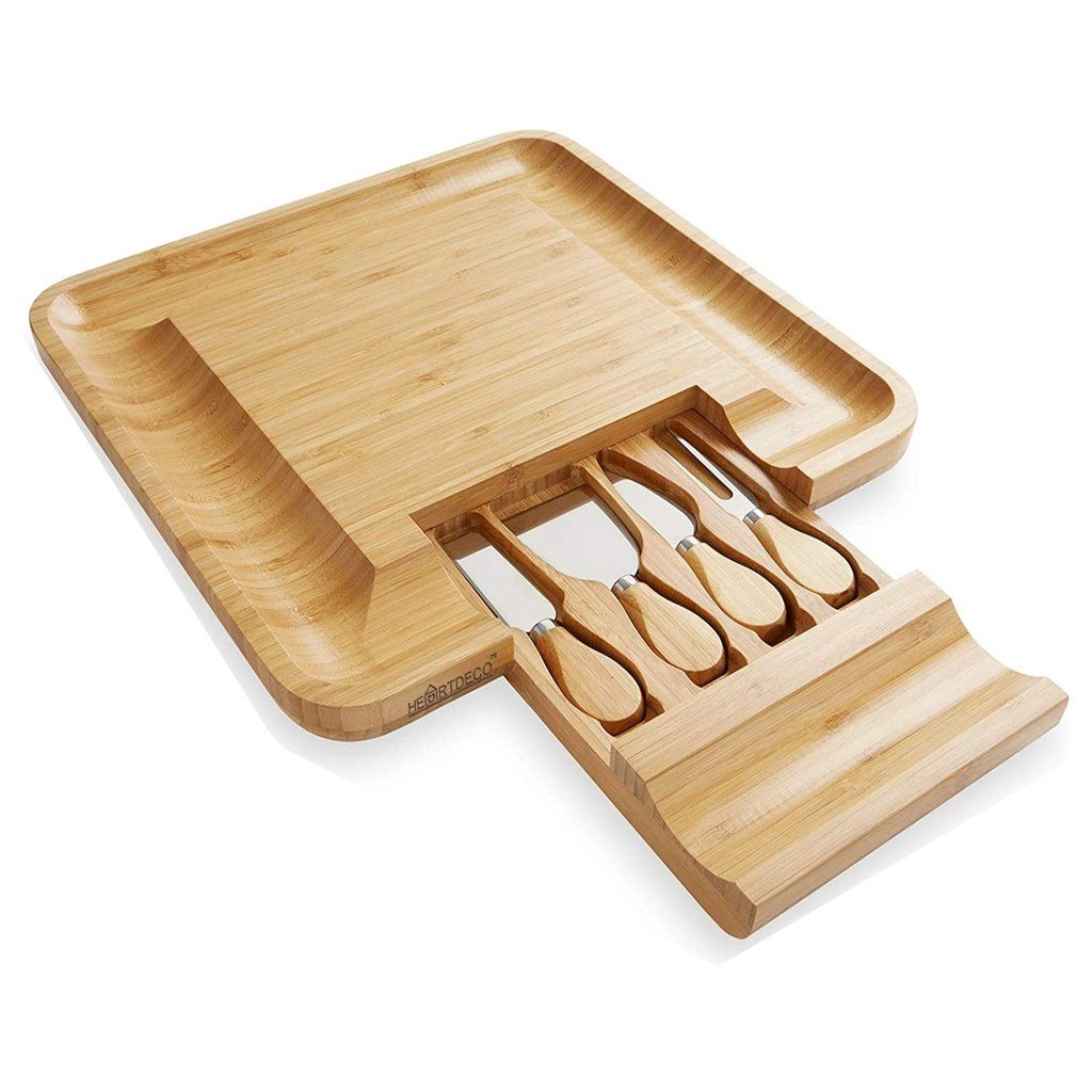 Heartdeco Bamboo Cheese Board Platter with 4 Stainless Steel Cheese Knife