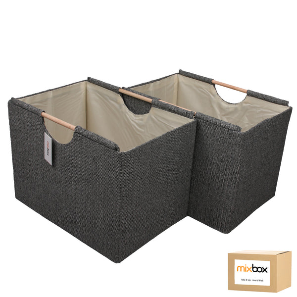Mix Box 2 PCs Foldable Cloth Storage Basket ,Wooden handle