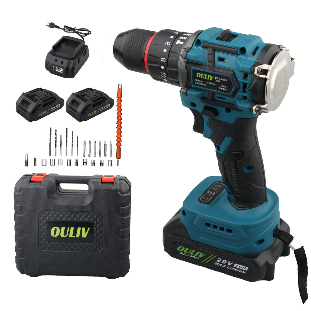 OULIV 70N.m Brushless Lithium Impact Drill Set-Include 2Pcs Battery&Charger