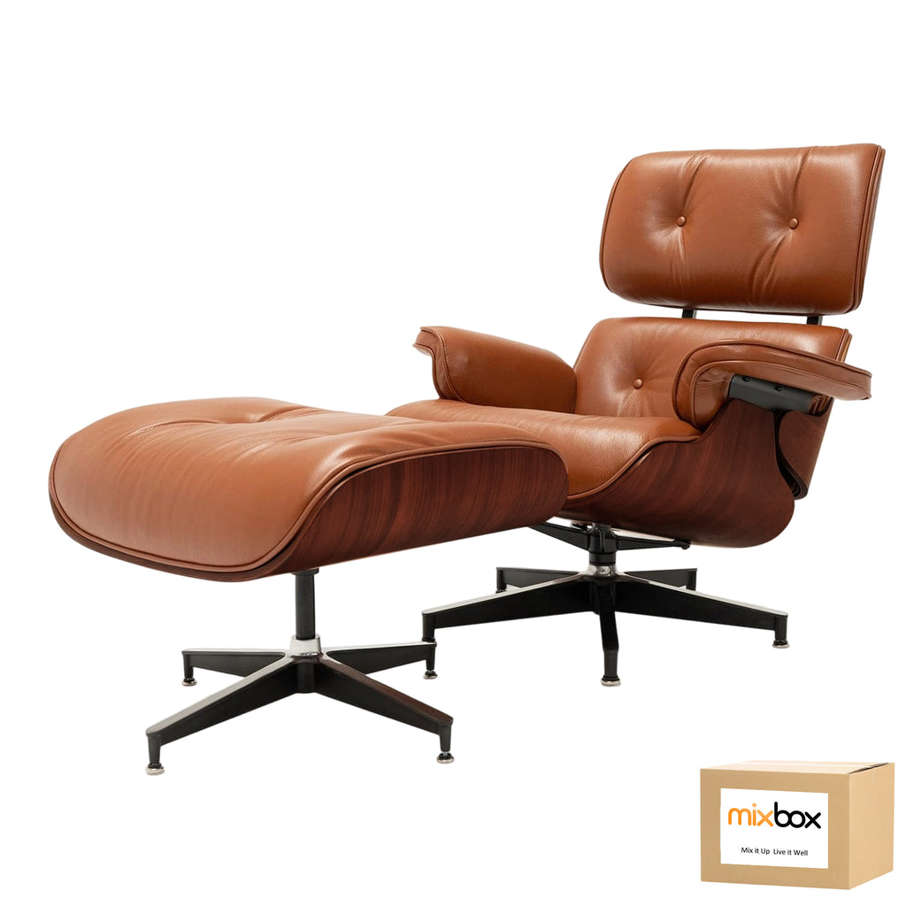 Mix Box Lounge Recliner Chair ,Mid-Century Modern,Genuine Cowhide Leather - Brown