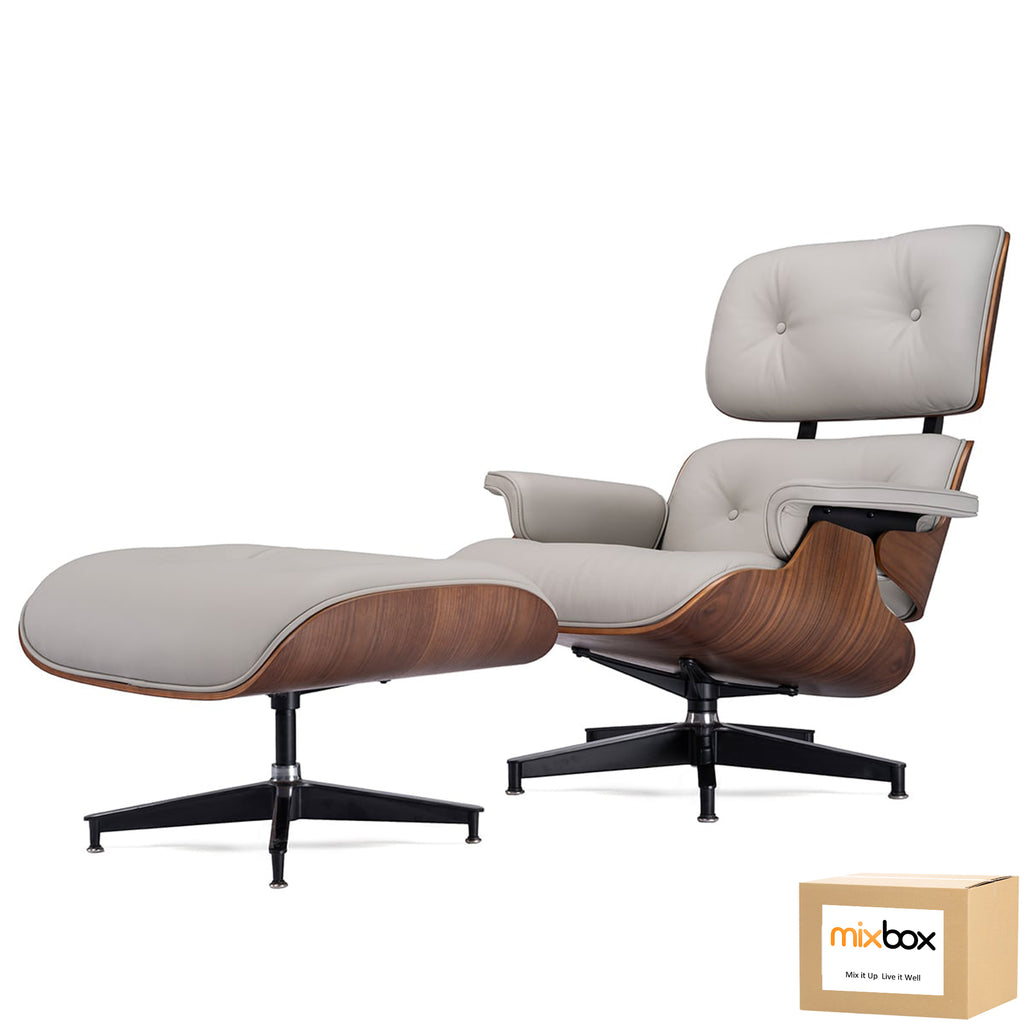 Mix Box Lounge Recliner Chair ,Mid-Century Modern,Genuine Cowhide Leather - White