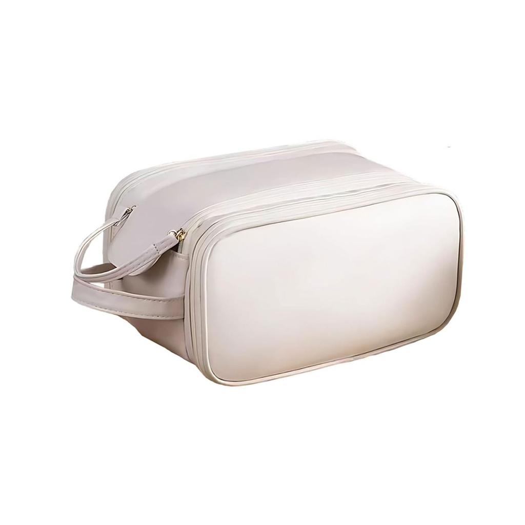 Large Capacity Water Resistant PU Leather Toiletry Bag Travel Makeup Bag - White