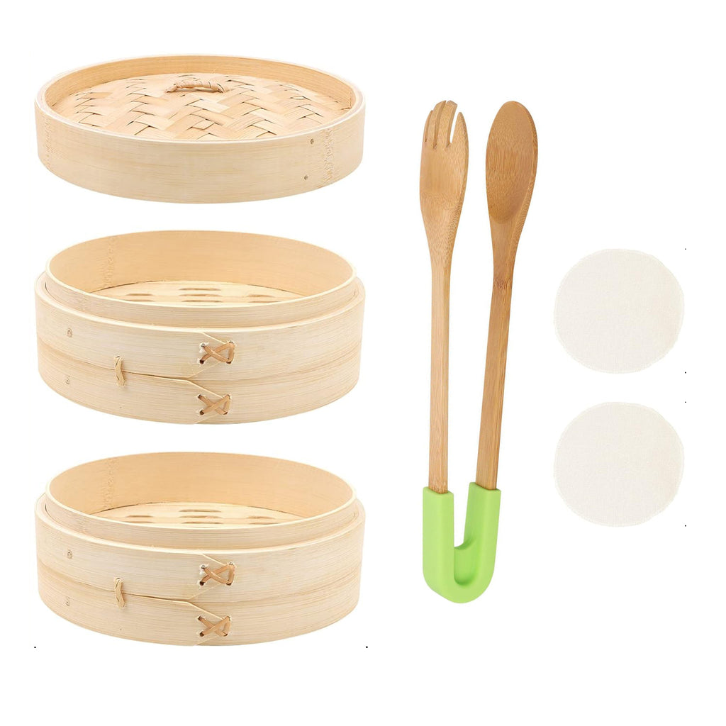 20cm-2 Tier  Bamboo Steamer with Kitchen Tongs Scoop Clip Set