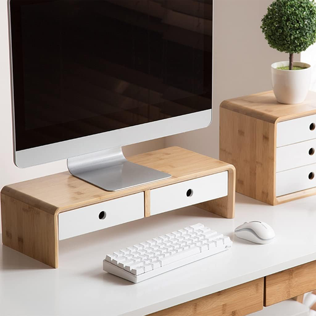 50Cm Bamboo Desktop Computer Monitor Riser Stand-Double Drawer – HEARTDECO