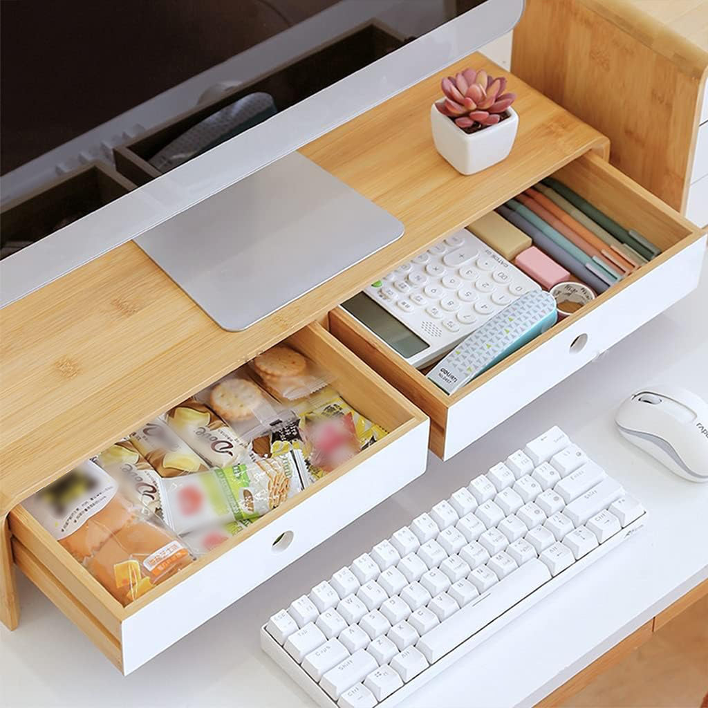 50Cm Bamboo Desktop Computer Monitor Riser Stand-Double Drawer