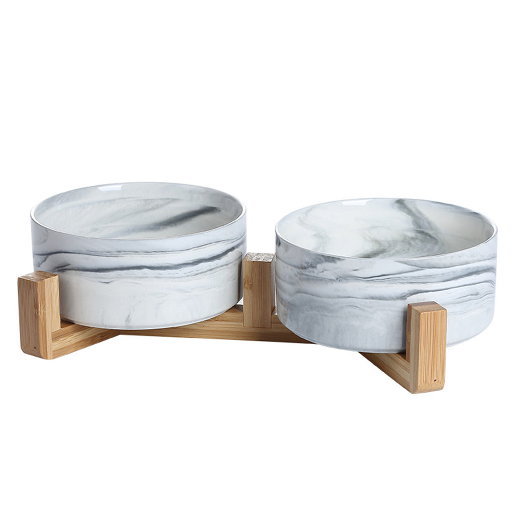 2Pcs Ceramics Pet Bowls on Stand with Wooden frame Marble Design