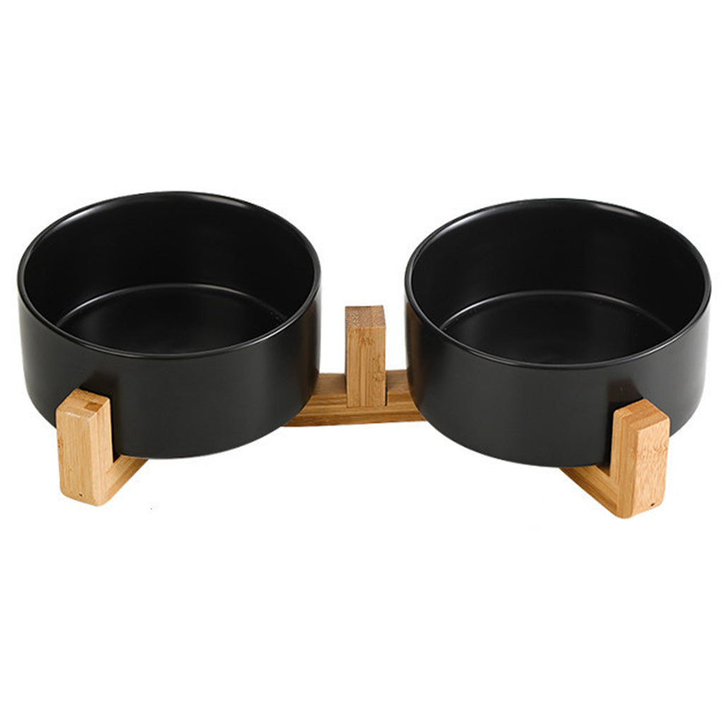 2Pcs Ceramics Pet Bowls on Stand with Wooden Frame