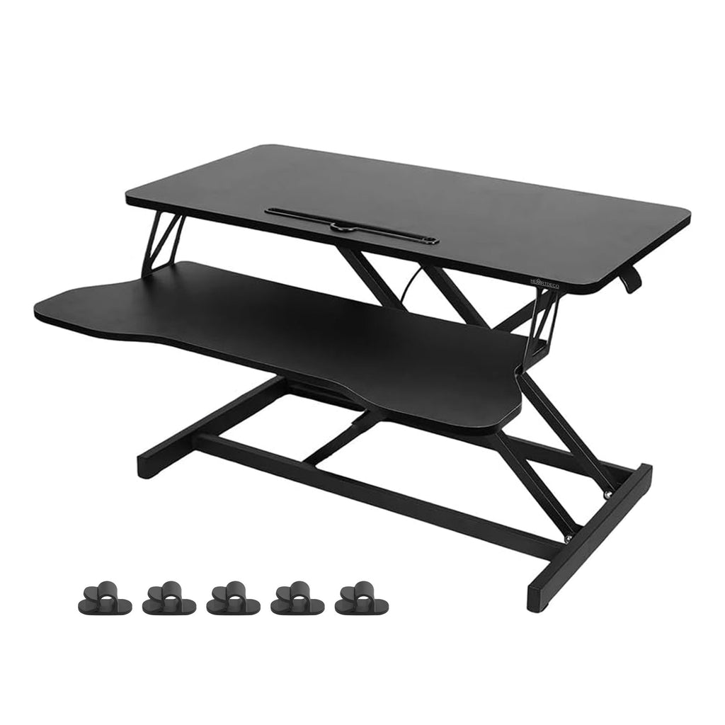 Heartdeco Adjustable Standing Desk Converter with 5 Cable Clips - Black