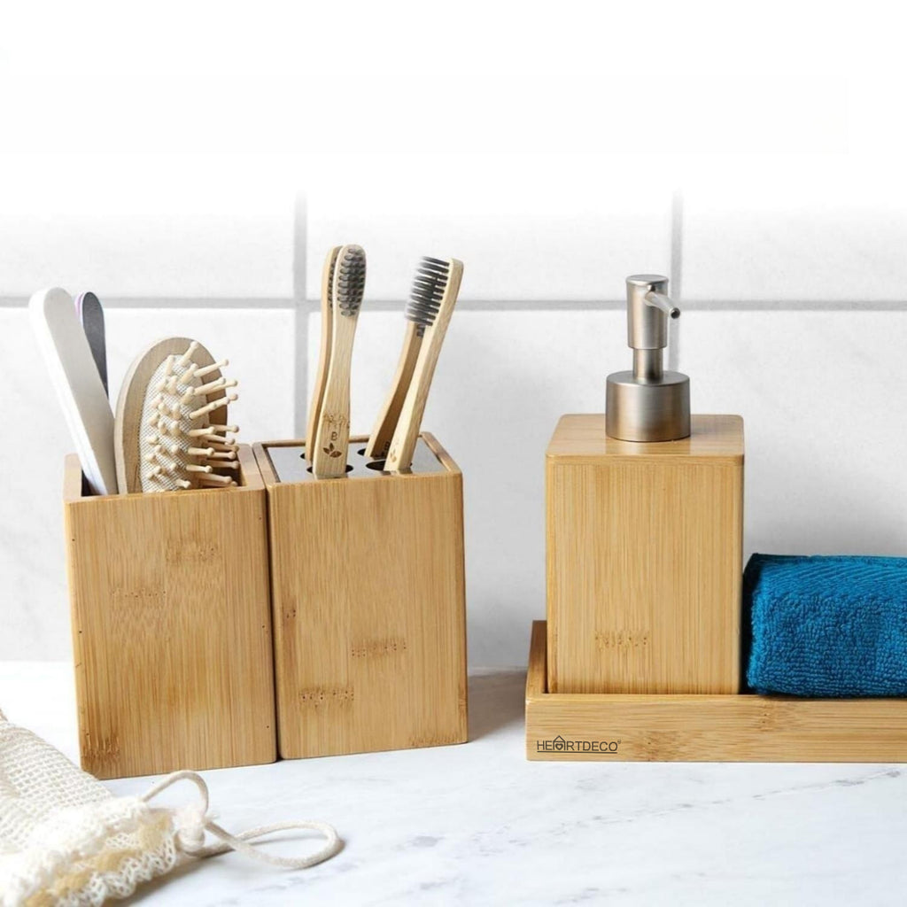 Bamboo Bathroom Accessories Set Soap Dispenser Organizer – HEARTDECO