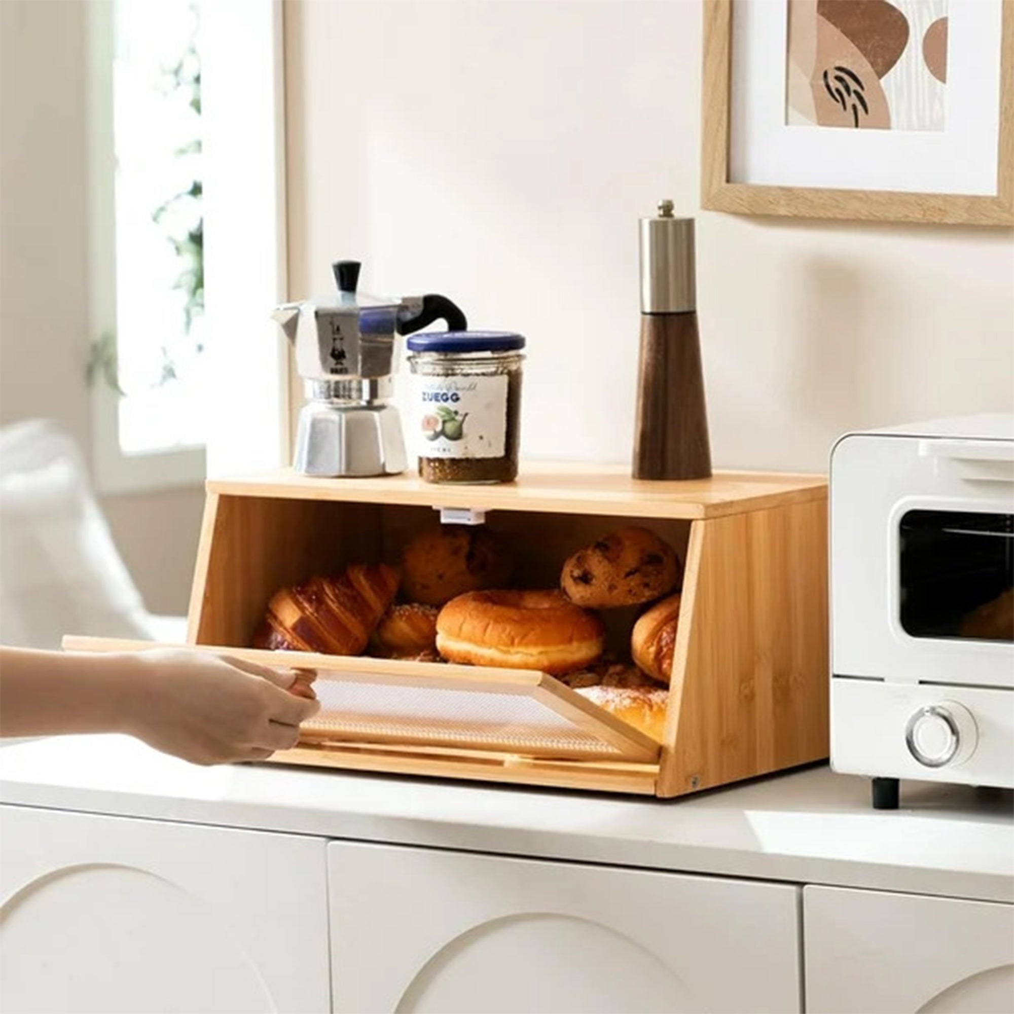Large farmhouse bread box with windows Storage box - natural wood brea ...