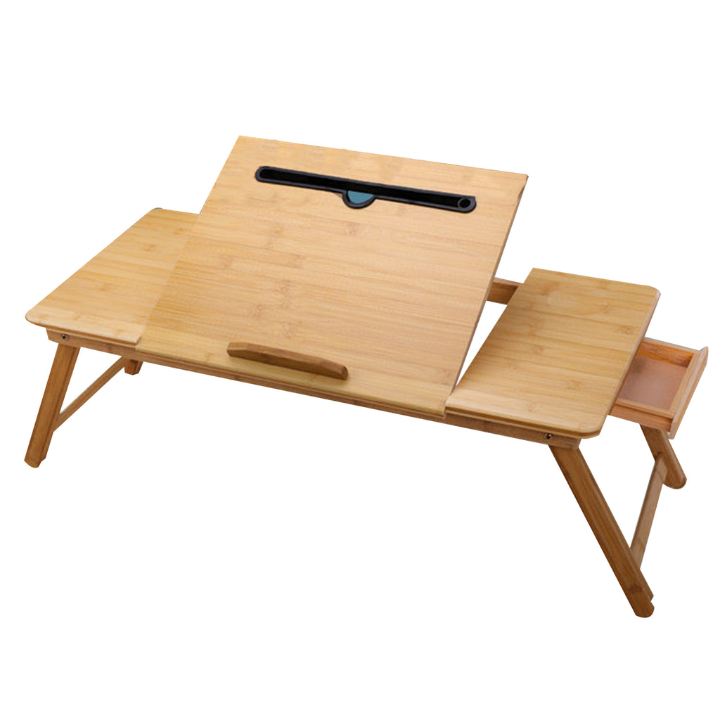72CM Adjustable Bamboo Laptop Desk with Tablet Slot and Drawer