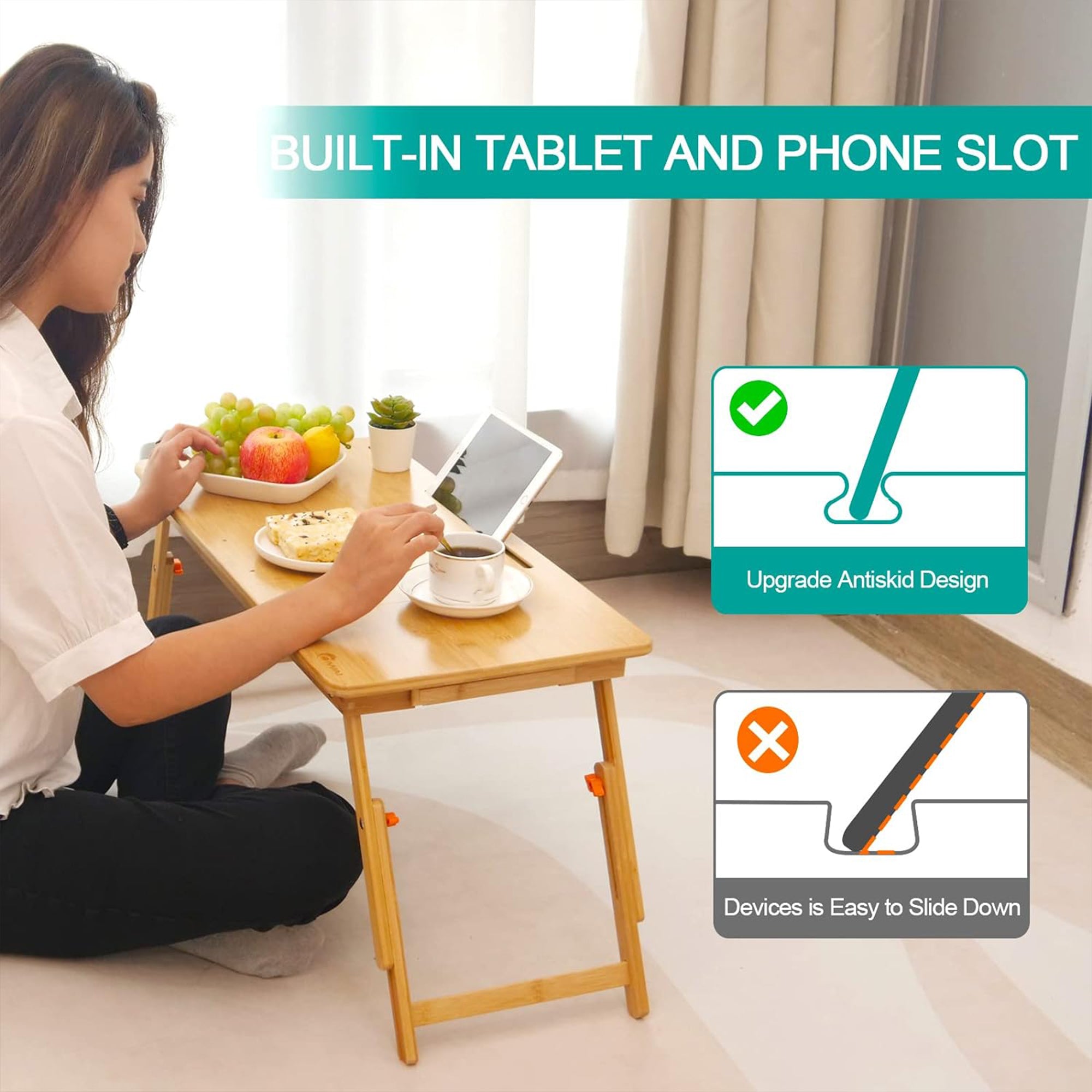 72CM Adjustable Bamboo Laptop Desk with Tablet Slot and Drawer – HEARTDECO
