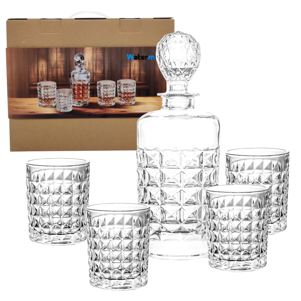 5-Piece Diamond-Cut Whisky Decanter Set with Glasses in Gift Box