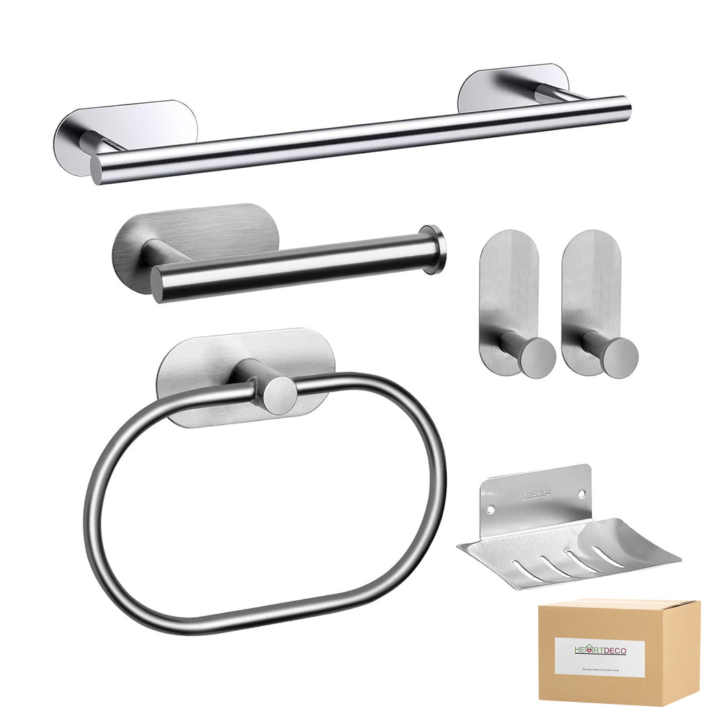 Heartdeco 6-Piece Self-Adhesive Brushed Nickel Bathroom Set, Stainless Steel