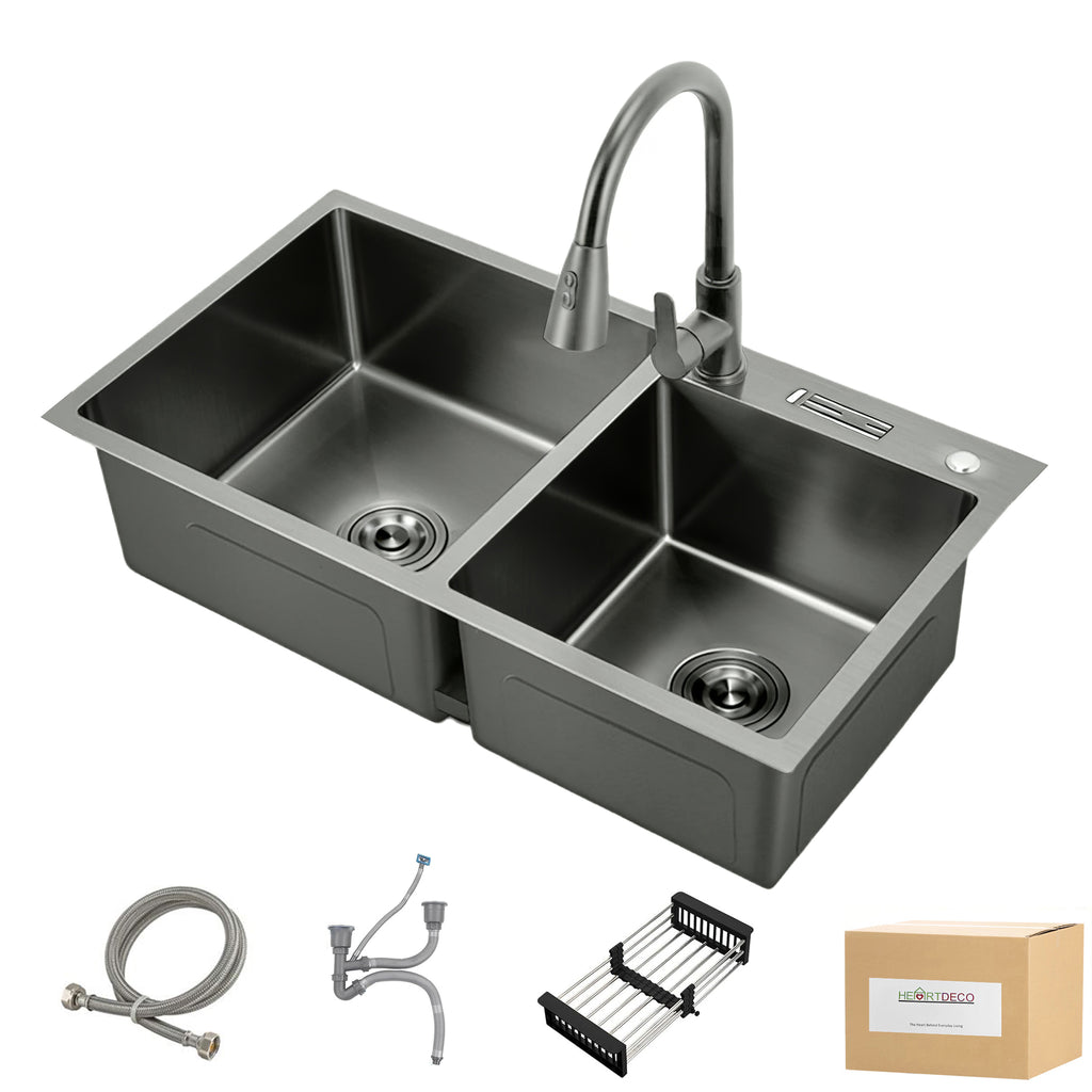 Heartdeco Double Bowl Stainless Steel Kitchen Sink Set (78 x 43cm) - Black