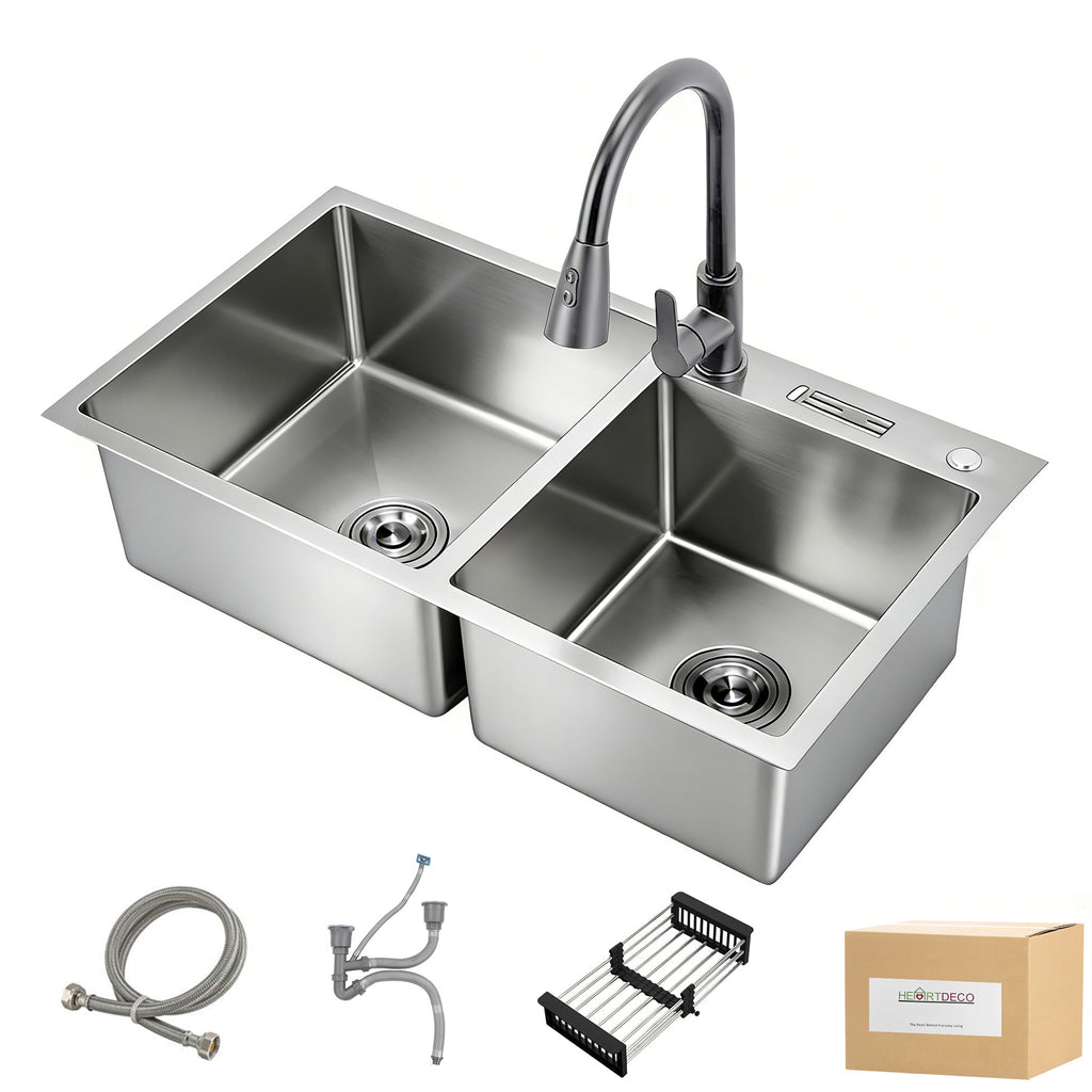 Heartdeco Double Bowl Stainless Steel Kitchen Sink Set (78 x 43cm) - Silver