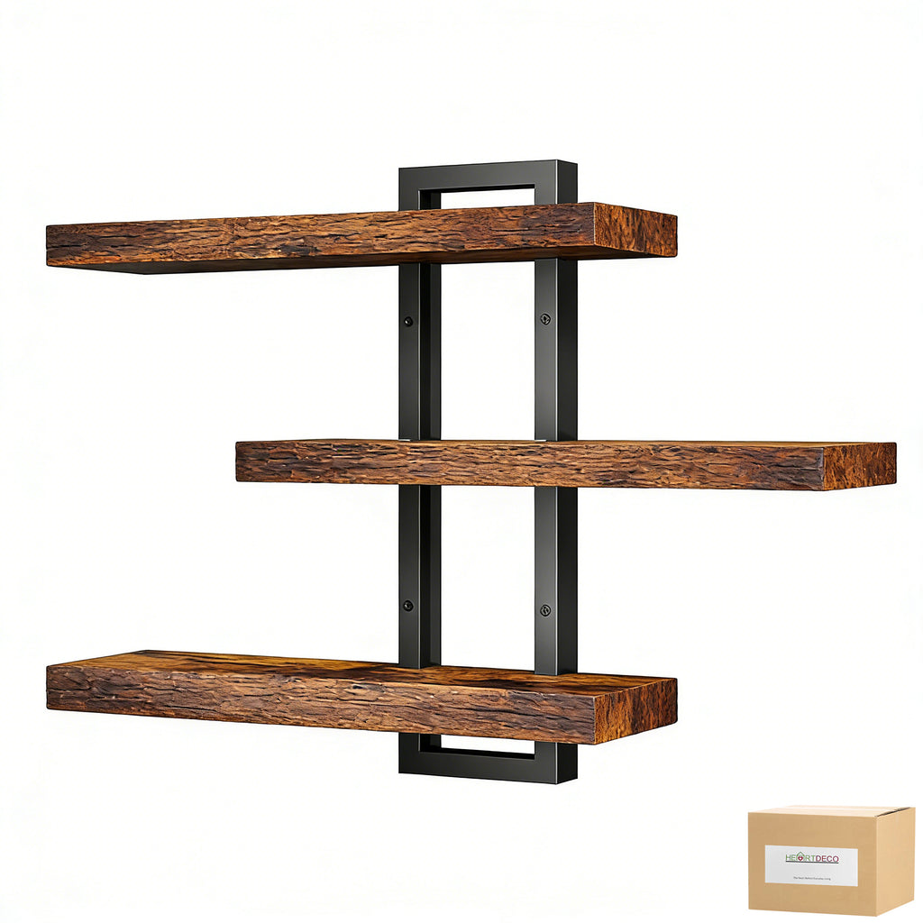 Heartdeco 3-Tier Rustic Floating Shelves, Wooden Wall Decor Storage Rack