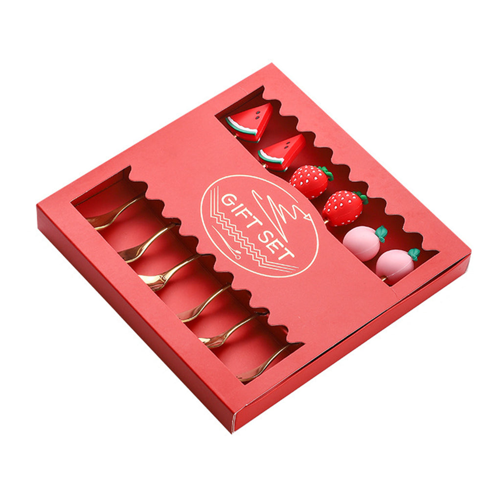 6 Pcs Stainless Steel Creative Fruit Shaped Spoons And Forks - Red Gift Box