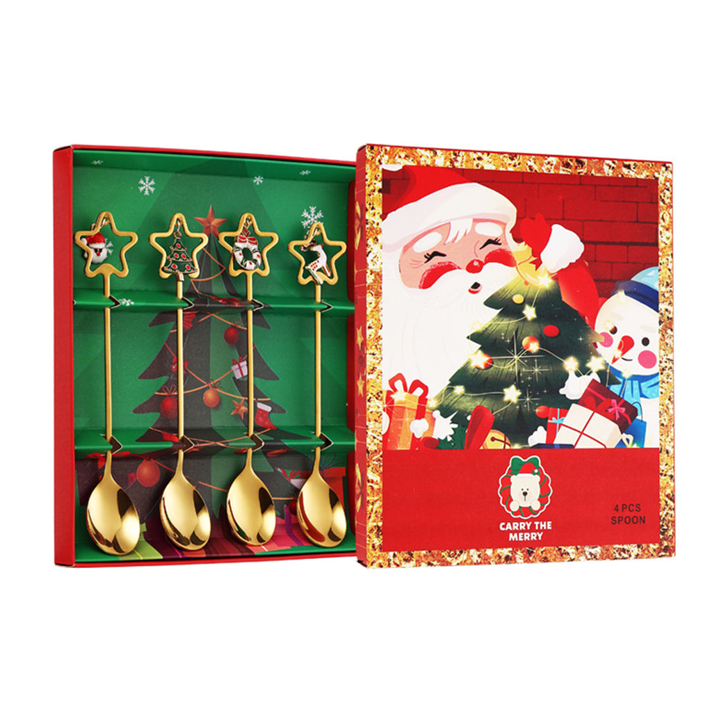 4 Pcs Stainless Steel Christmas Spoon Set with Christmas Pendant and Gift Box - Gold Spoon