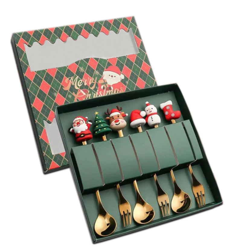 6 Pcs Christmas Cutlery Gift Set of Stainless Steel Forks and Spoons - Green Gift Box