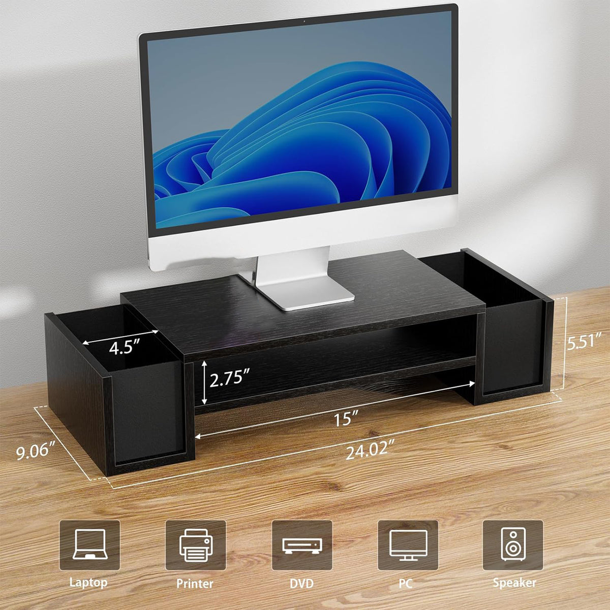 2 Tier Computer Monitor Stand Riser Desktop Organizer with 2 Storage S ...