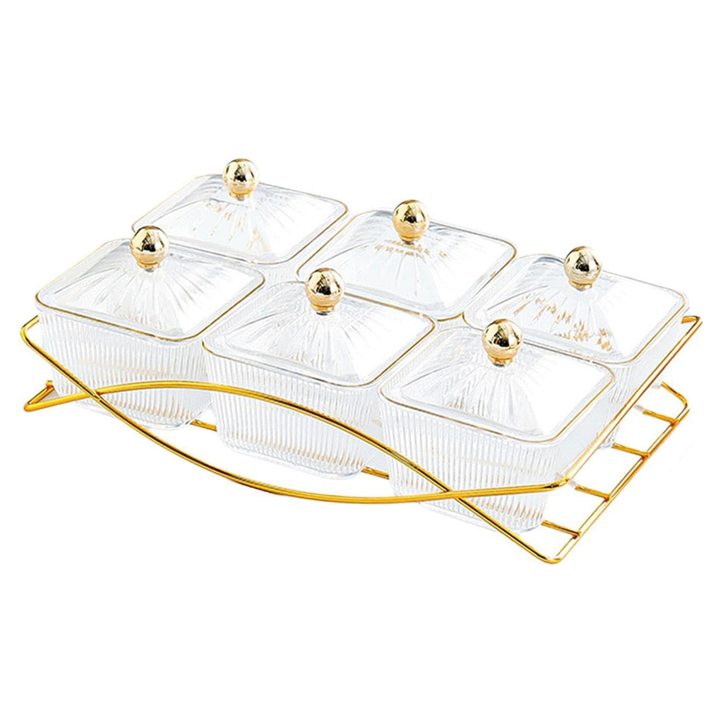 6 Clear Serving Bowls Set with Gold Metal Rack for Fruit Dessert Nuts Snack