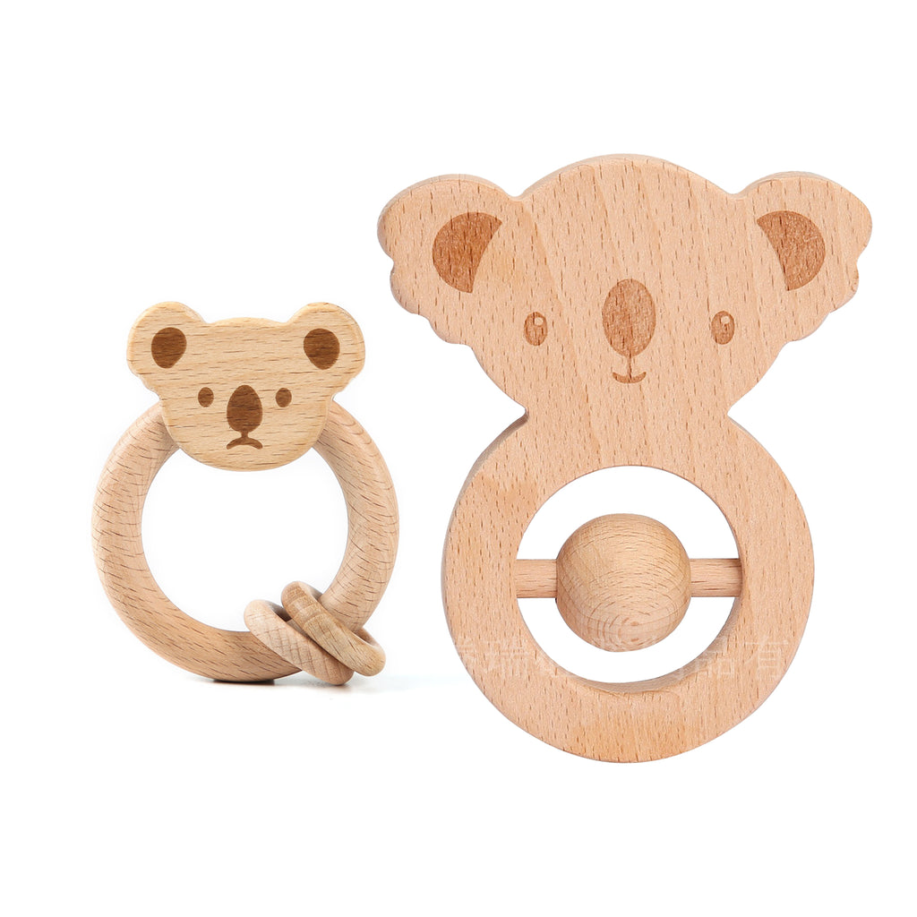 2 Pcs Wooden Baby Rattle Toys Ring Grip Train Koala Animals for Newborn