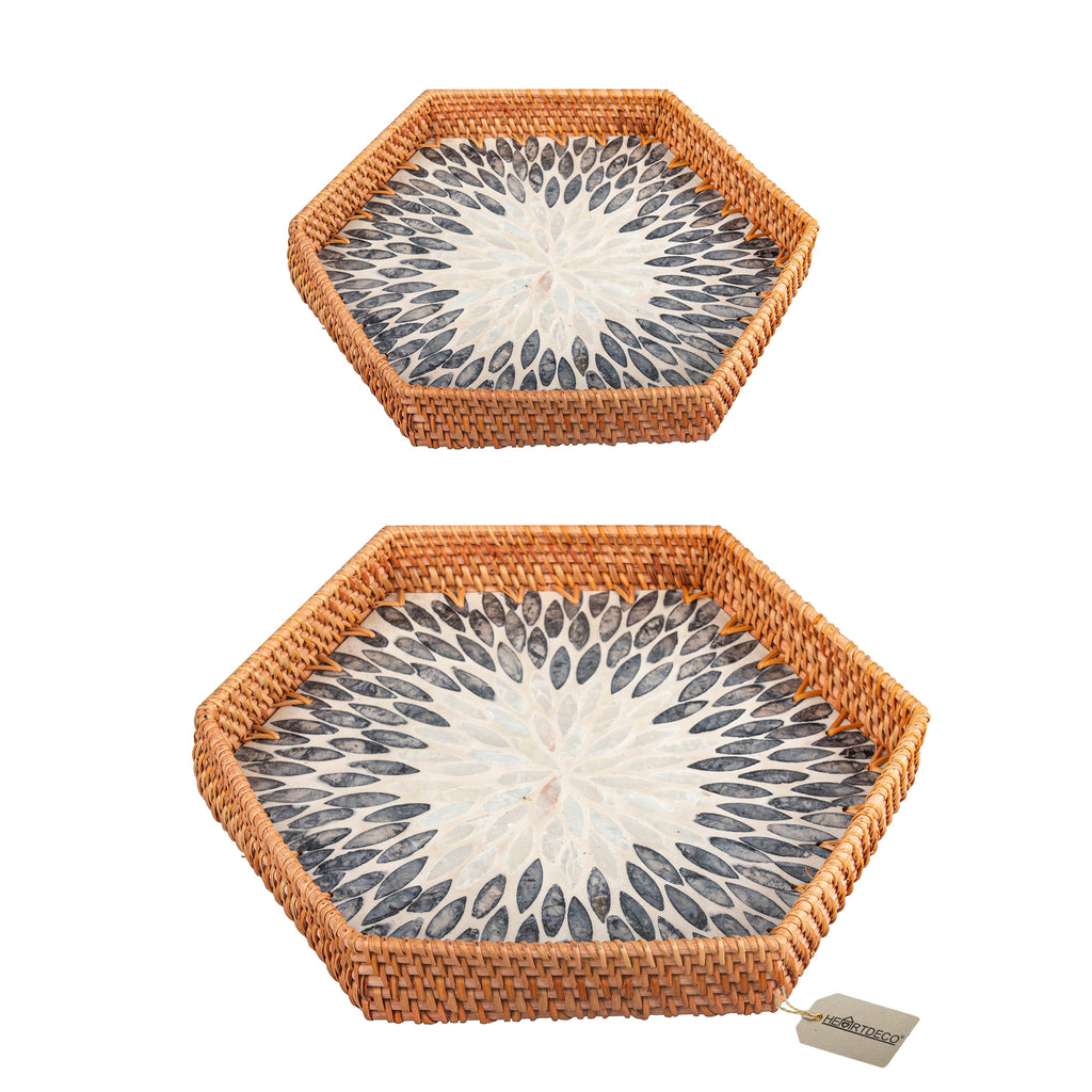 Set of 2 Woven Rattan Mother of Pearl Serving Tray-Hexagon