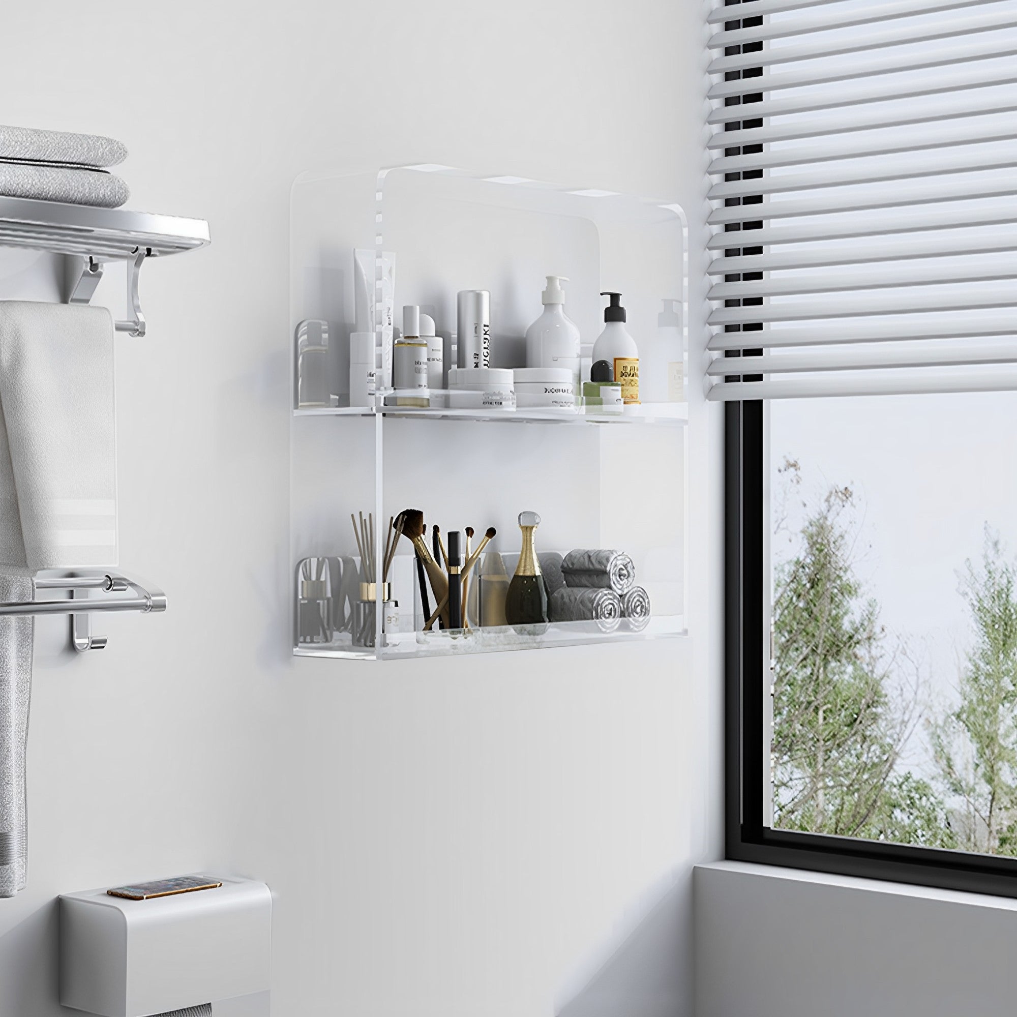 2Tier Clear Acrylic Bathroom Storage Shelf Punch Free Shower Organize
