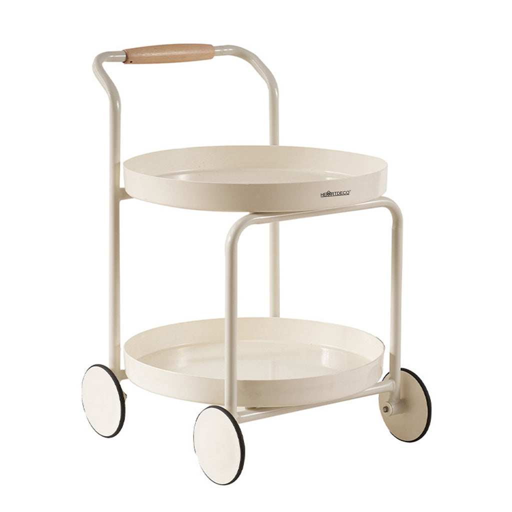 2 Tier Side Table With Wheels Storage Trolley Rolling Cart- Cream