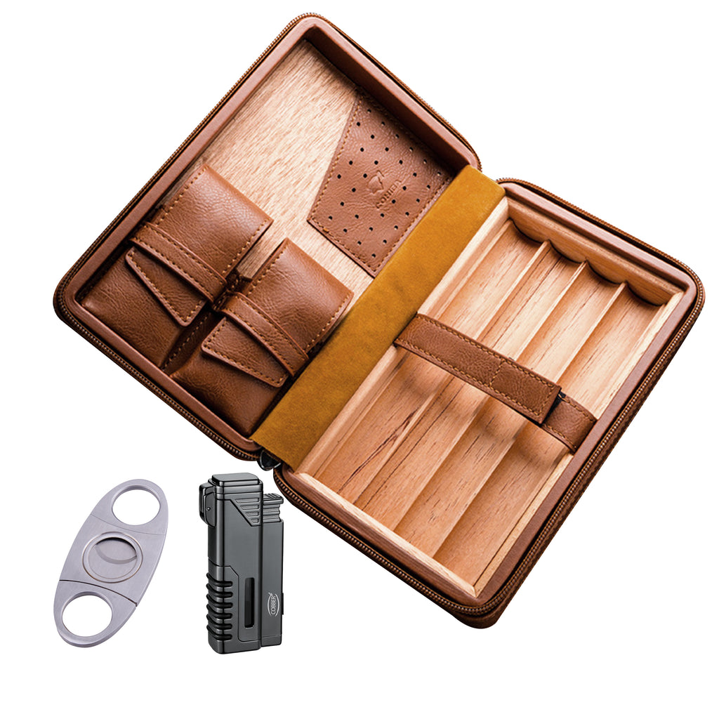 Portable Cigar Travel Humidor Case Leather Cigar Box with Cigar Accessories