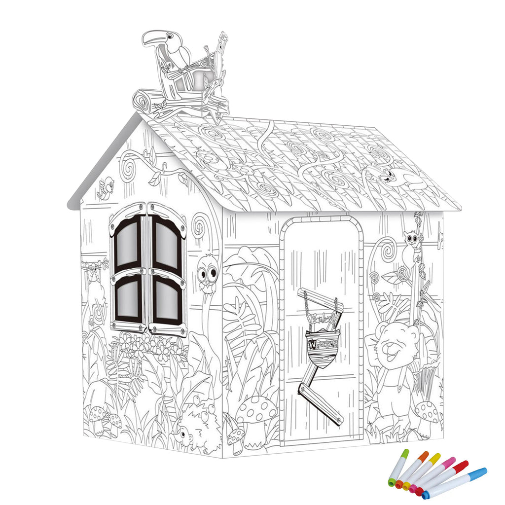 Kids Cardboard Playhouse DIY House Doodle Craft with 6 Brushes, 79×63×109cm