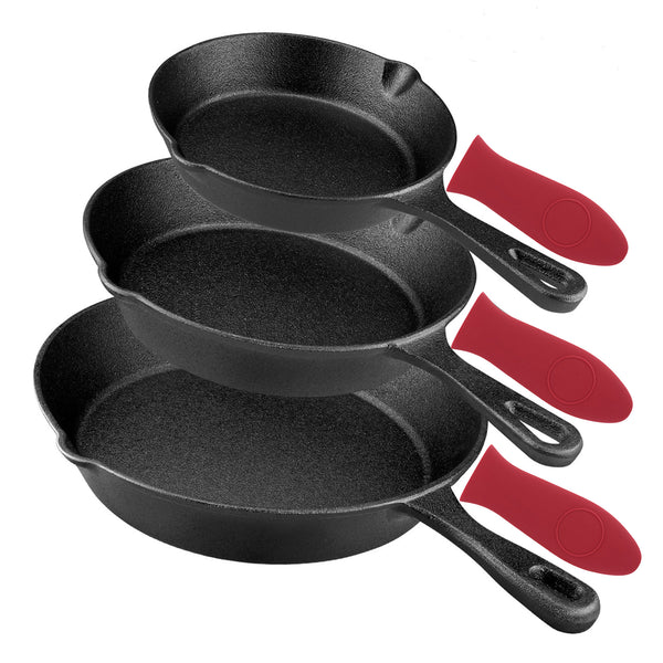 3-Piece Cast Iron Non-Stick Frying Pan Set With 3 Silicone Pot Handle Cover