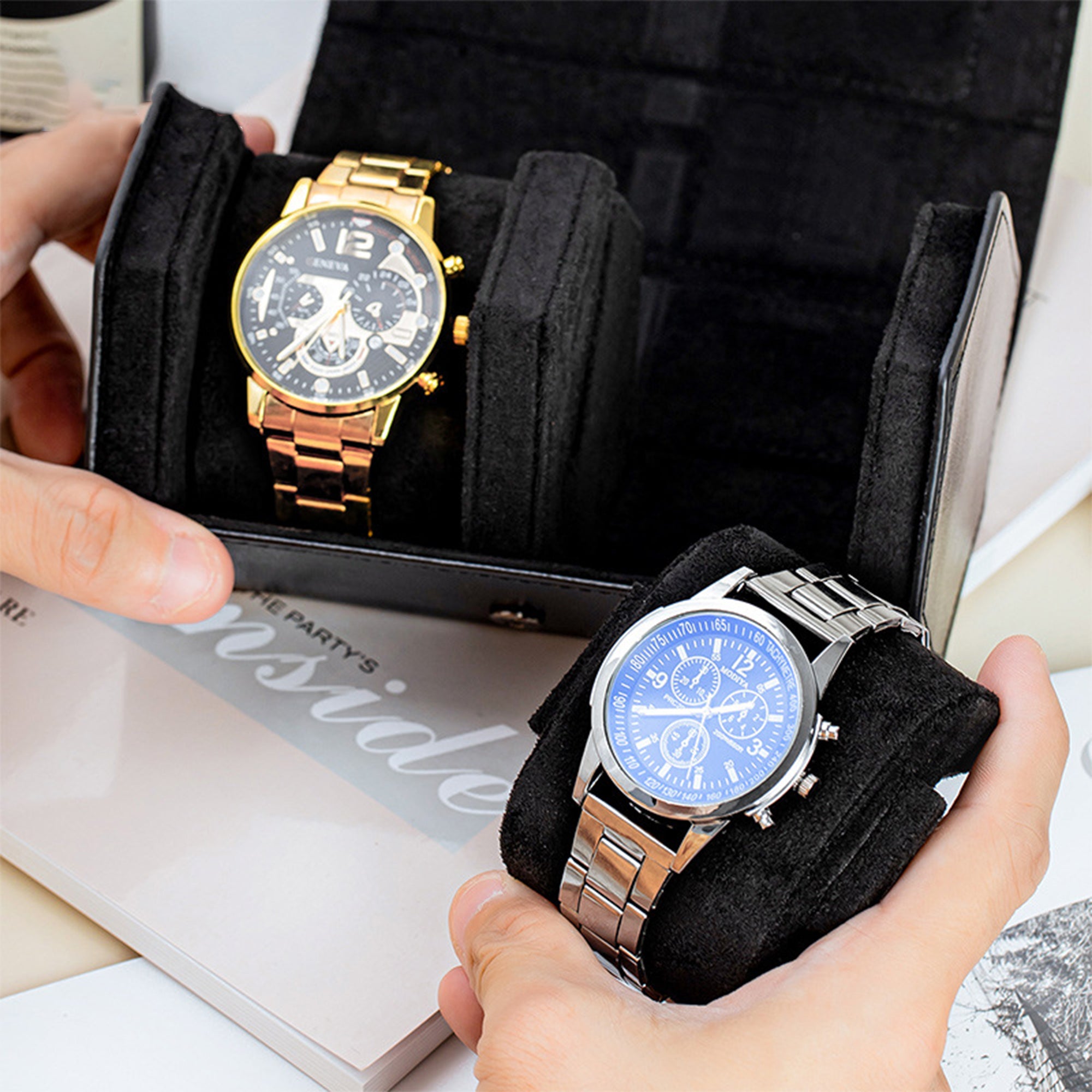 Modern Black PU Leather 2 Slot Watch Box – HEARTDECO