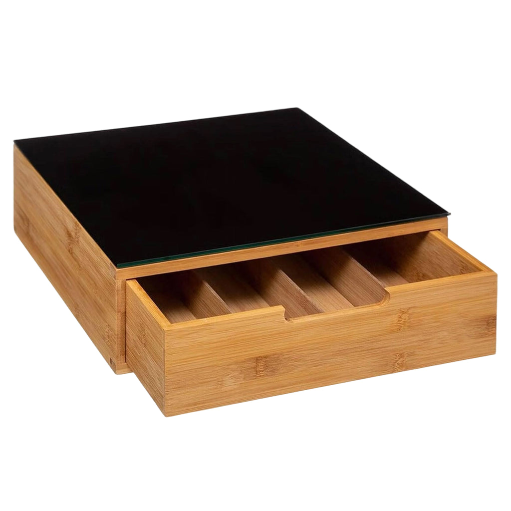 Bamboo Coffee Pod Drawer with Tempered Glass Top,4 Compartment