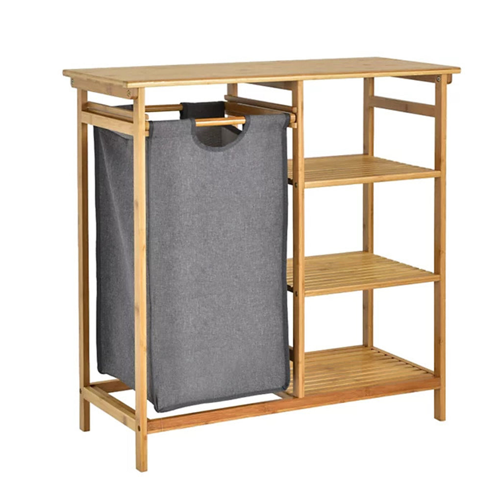 4-Tier Bamboo Laundry Basket Shelf with Removable Sliding Bag
