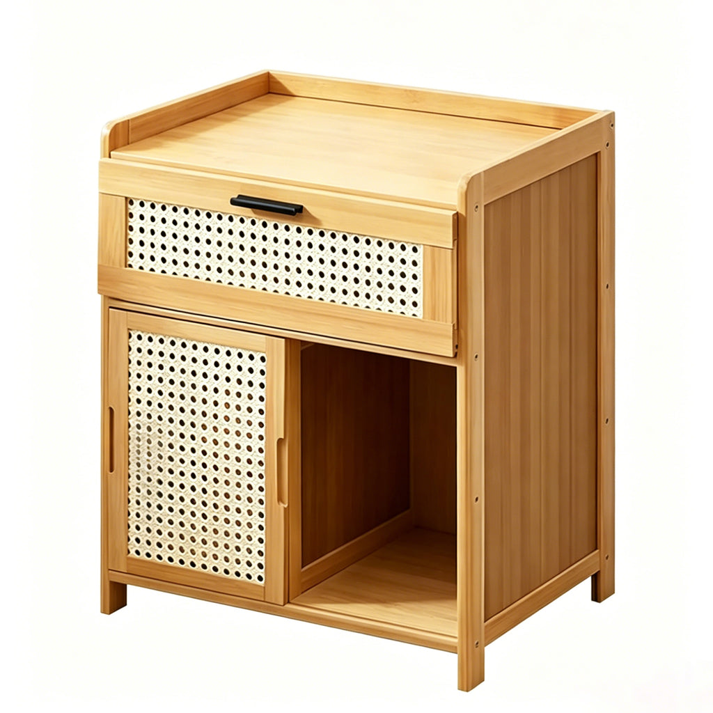 Rattan-Style Bamboo Bedside Table with Sliding Doors - Natural