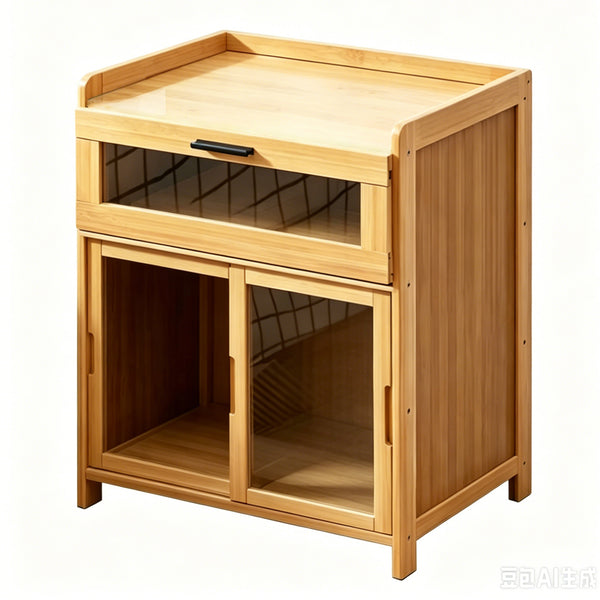 Fluted-Style Bamboo Bedside Table with Sliding Doors - Natural