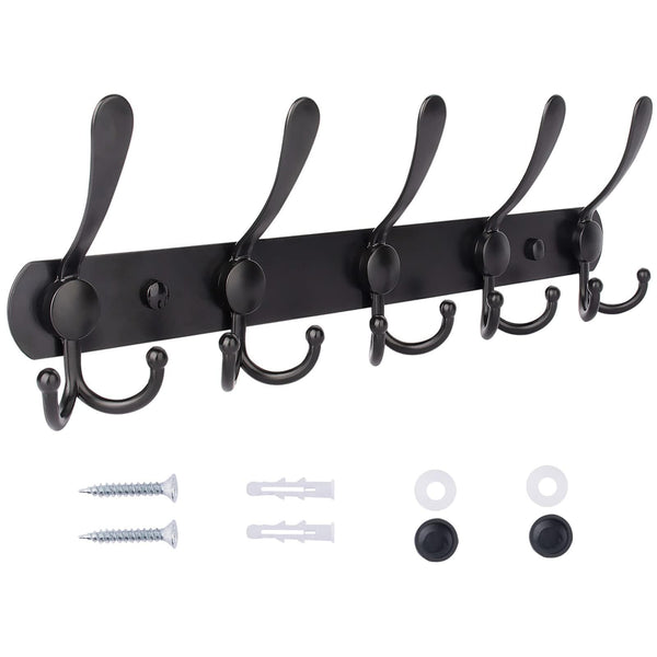 Wall Mounted Coat Rack with 5 Heavy Duty Tri Hooks - All Metal Construction for Jackets, Coats